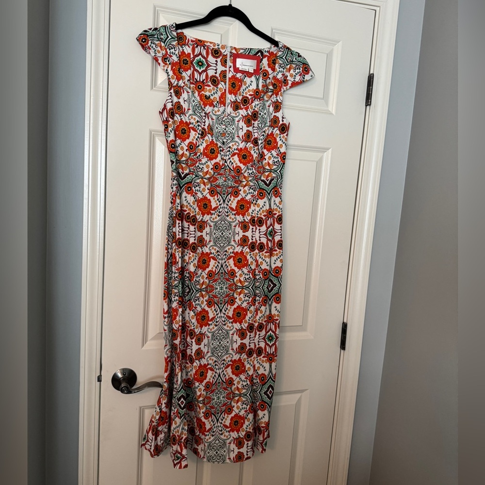 Anthropologie Orange, Green and White Cap Sleeve Sundress